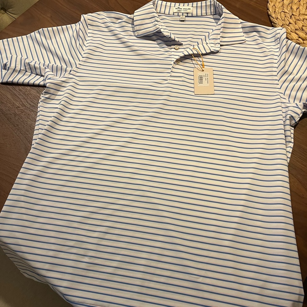 NWT PETER MILLAR golf polo - white with blue/pink stripes. size L